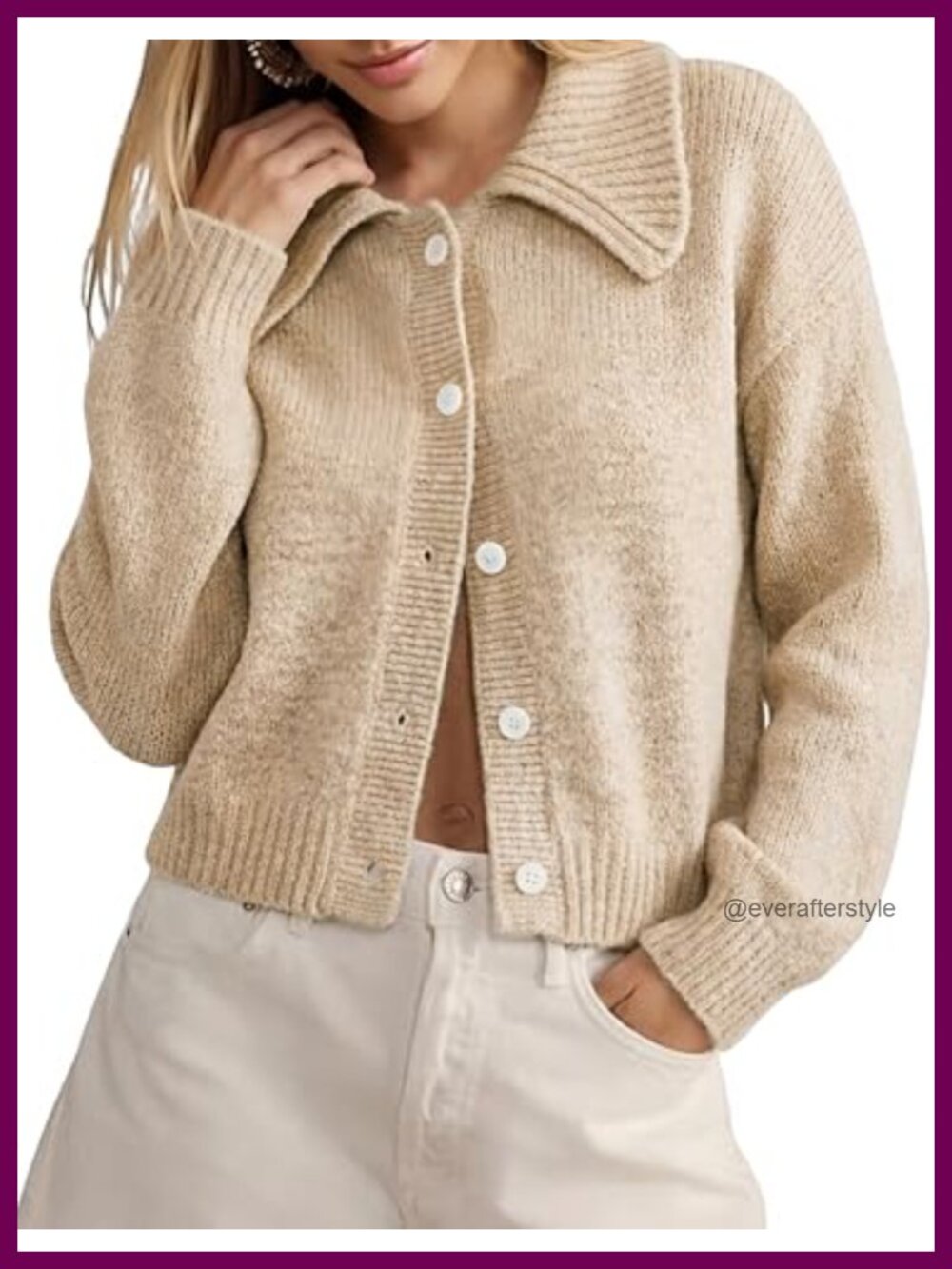 Women Cropped Button Up Cardigan Long Sleeve Collared Knit Sweater